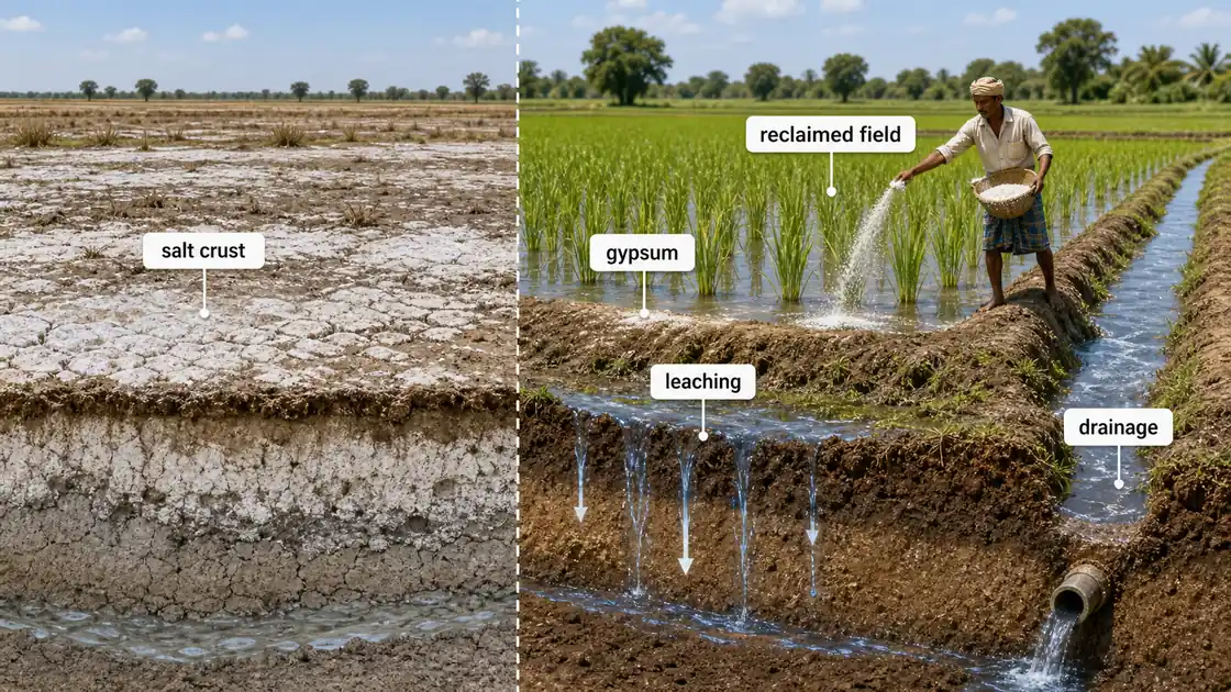 Salt-affected soil reclamation showing salt crust, gypsum application, leaching, drainage, and recovered field