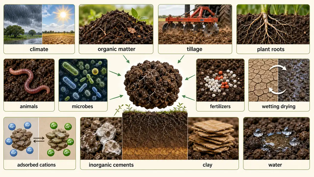 Soil science visual explaining 12 factors affecting soil structure