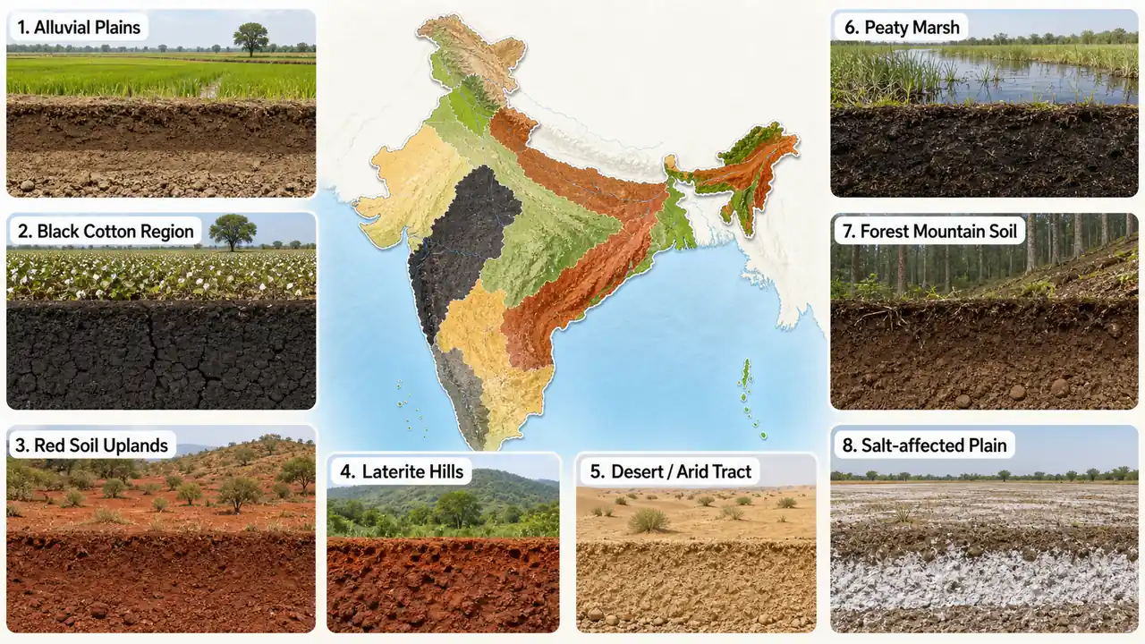 Overview of the major soil groups of India with regional field scenes and soil profiles