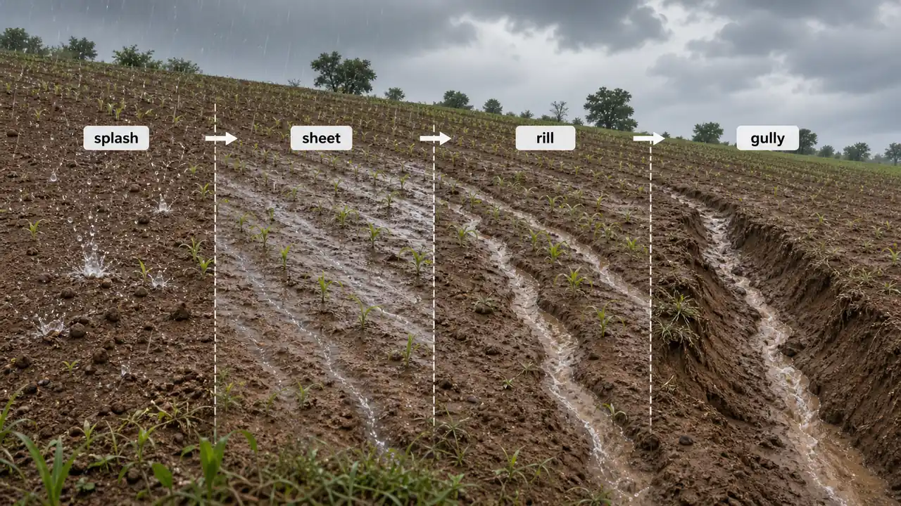 Slope sequence showing splash, sheet, rill, and gully erosion becoming progressively more severe