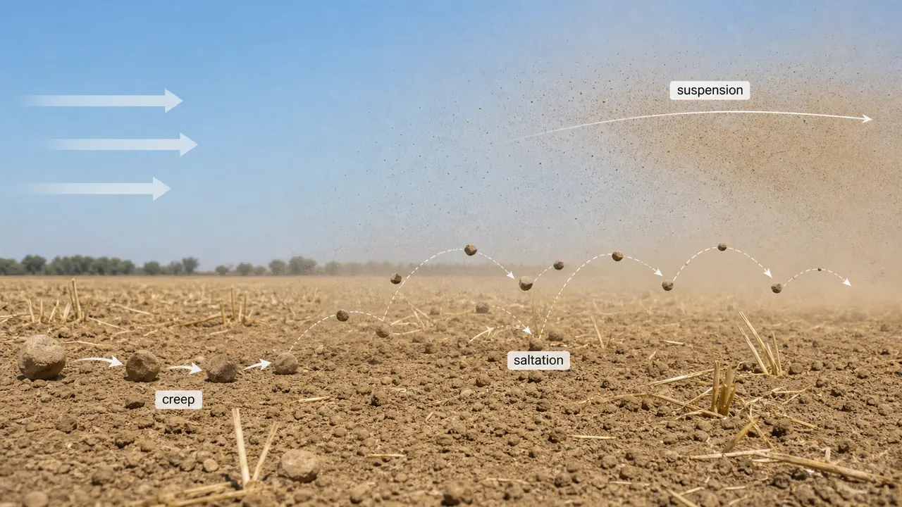 Wind moving large particles by creep, medium particles by saltation, and fine dust by suspension
