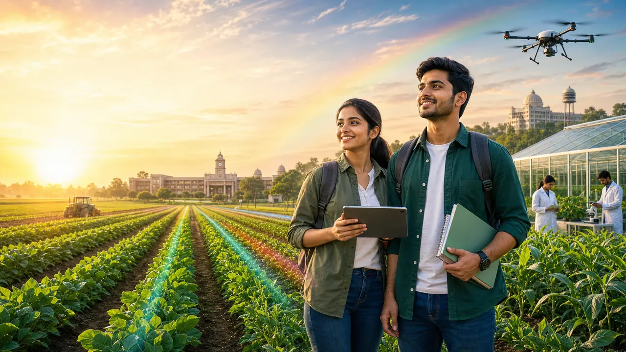 Ambitious BSc Agriculture graduates in a crop field with agritech, research and career pathway cues
