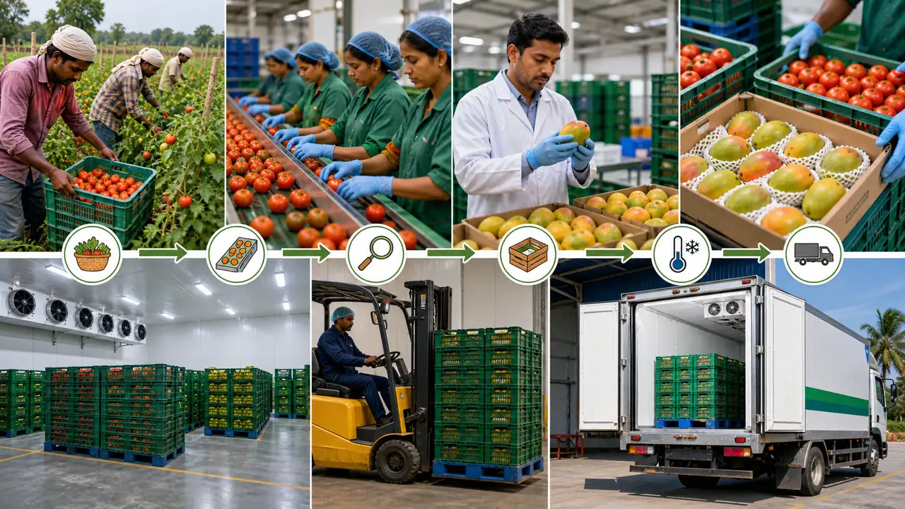 Export ready fruit and vegetable handling chain with grading packing cold storage and transport