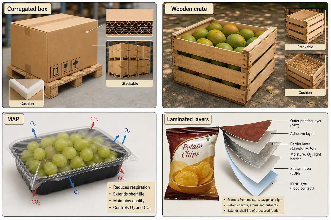 Protective packaging systems board showing corrugated boxes, wooden crates, MAP and layered packs