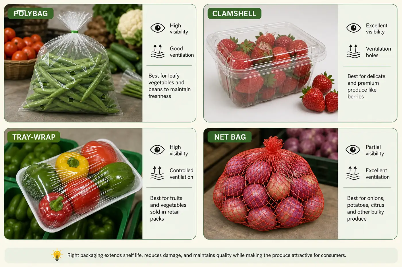 Retail packaging comparison showing polybag, clamshell, tray-wrap and net-bag options
