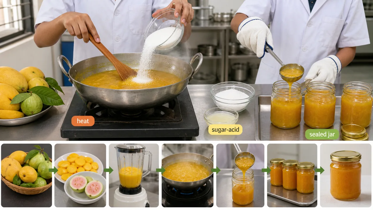 Jam preservation hurdle system showing heat sugar acid and sealed jars in a food processing lab