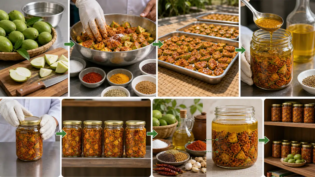 Mango pickle preservation process showing salt spices sun curing oil layer and sealed jars
