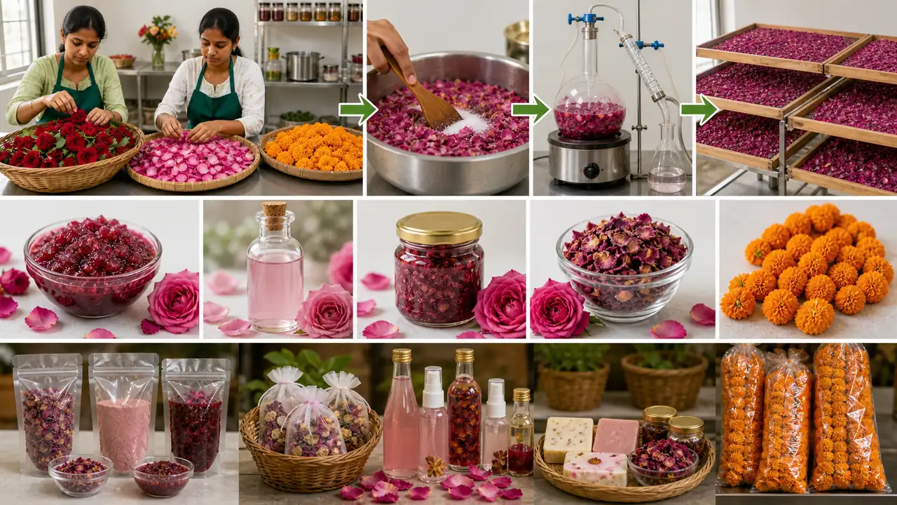 Processed flower value addition chain with rose petals, gulkand, rose water, dried petals and packaged products