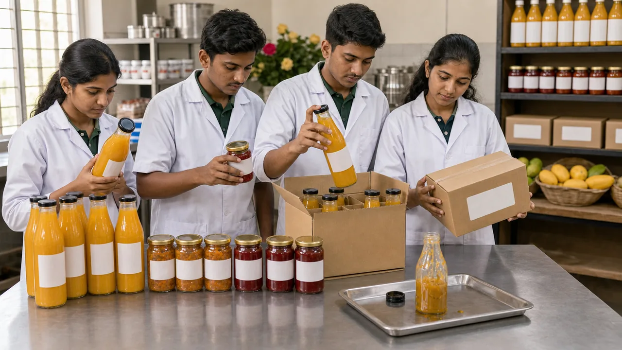 Processed food packaging check for mango squash jam jars cartons and leakage in Class 12 agriculture