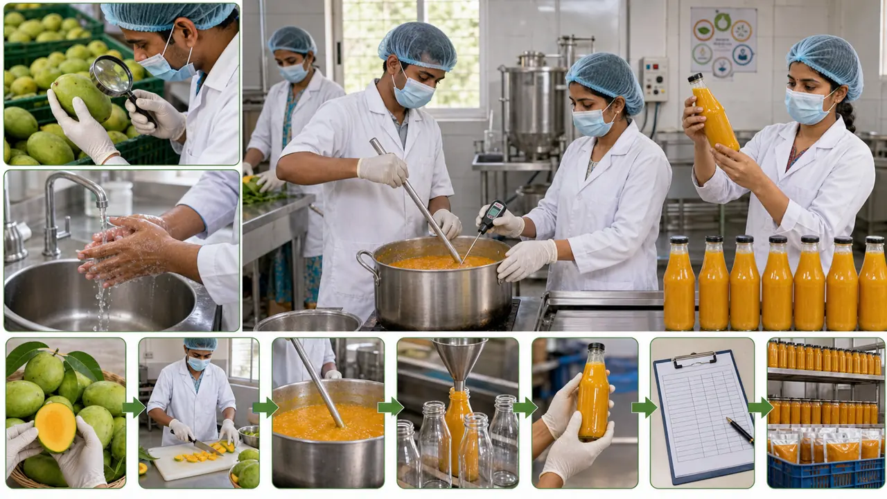 Quality control and quality assurance in fruit processing with raw material inspection heating bottling and records