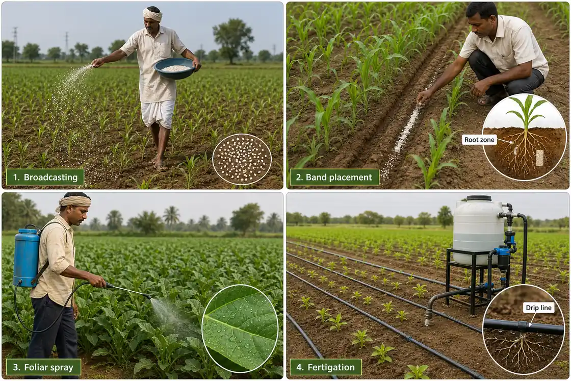 Fertilizer application methods concept board for basal, top-dressing and liquid feeding