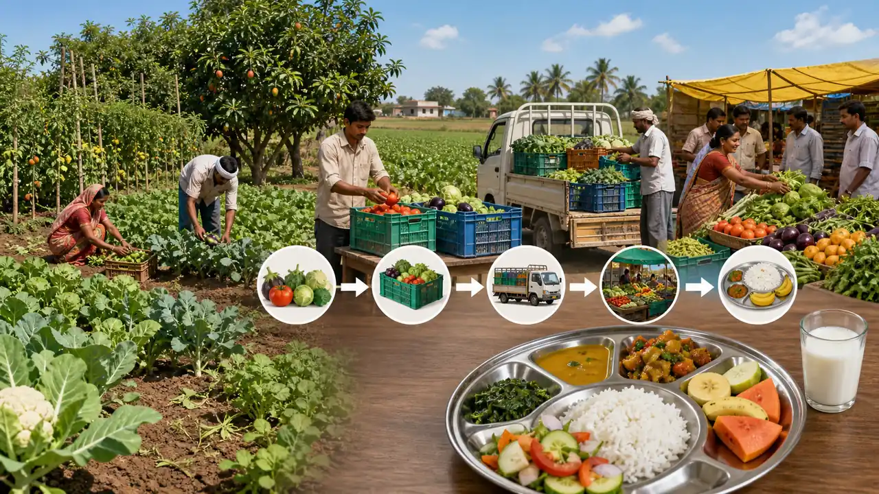 Horticulture value chain from Indian farm harvest to market and student nutrition plate