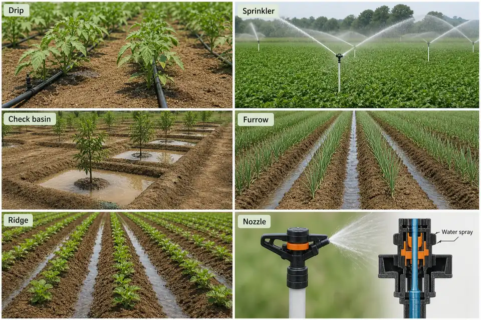 Irrigation methods concept board comparing drip, sprinkler, basin and furrow systems