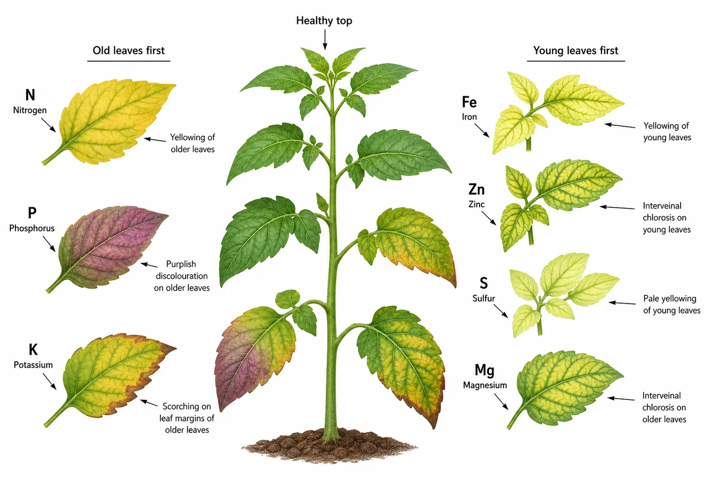 Plant nutrient deficiency concept board showing major nutrient symptom patterns