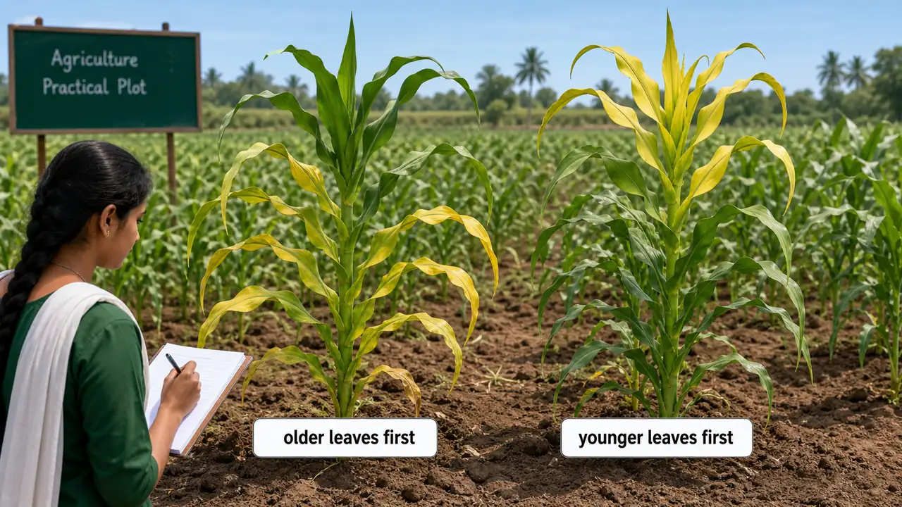 Plant nutrient mobility diagnosis showing old leaves and young leaves affected first