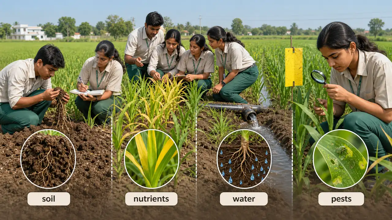 Field diagnosis linking soil nutrients water and pest scouting for crop production