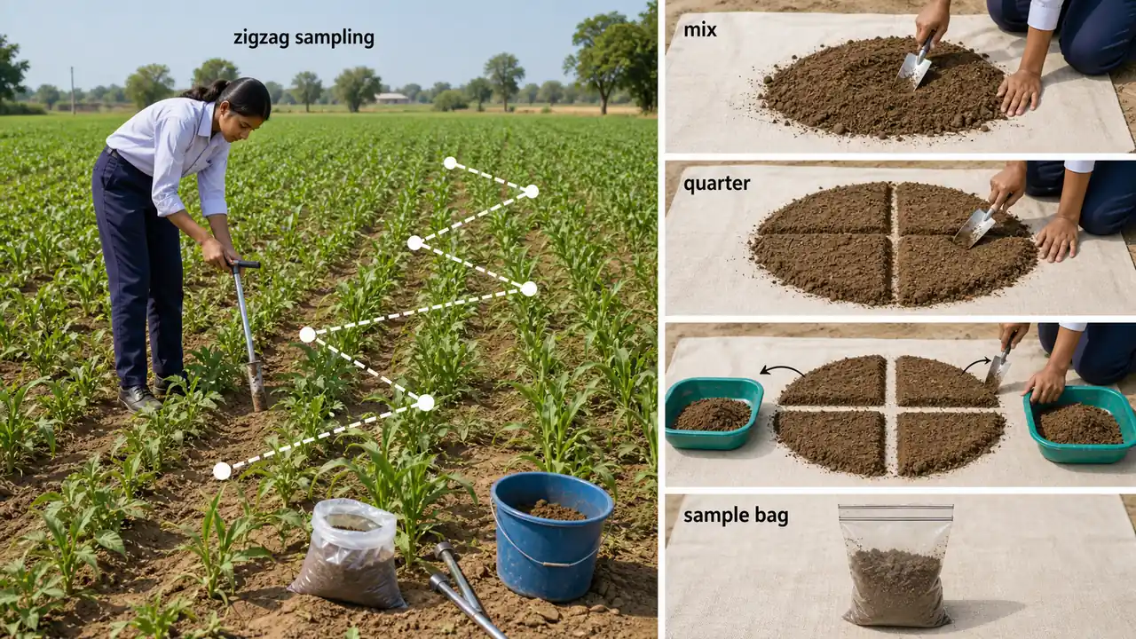 Soil sampling zigzag path and quartering method for representative soil test sample