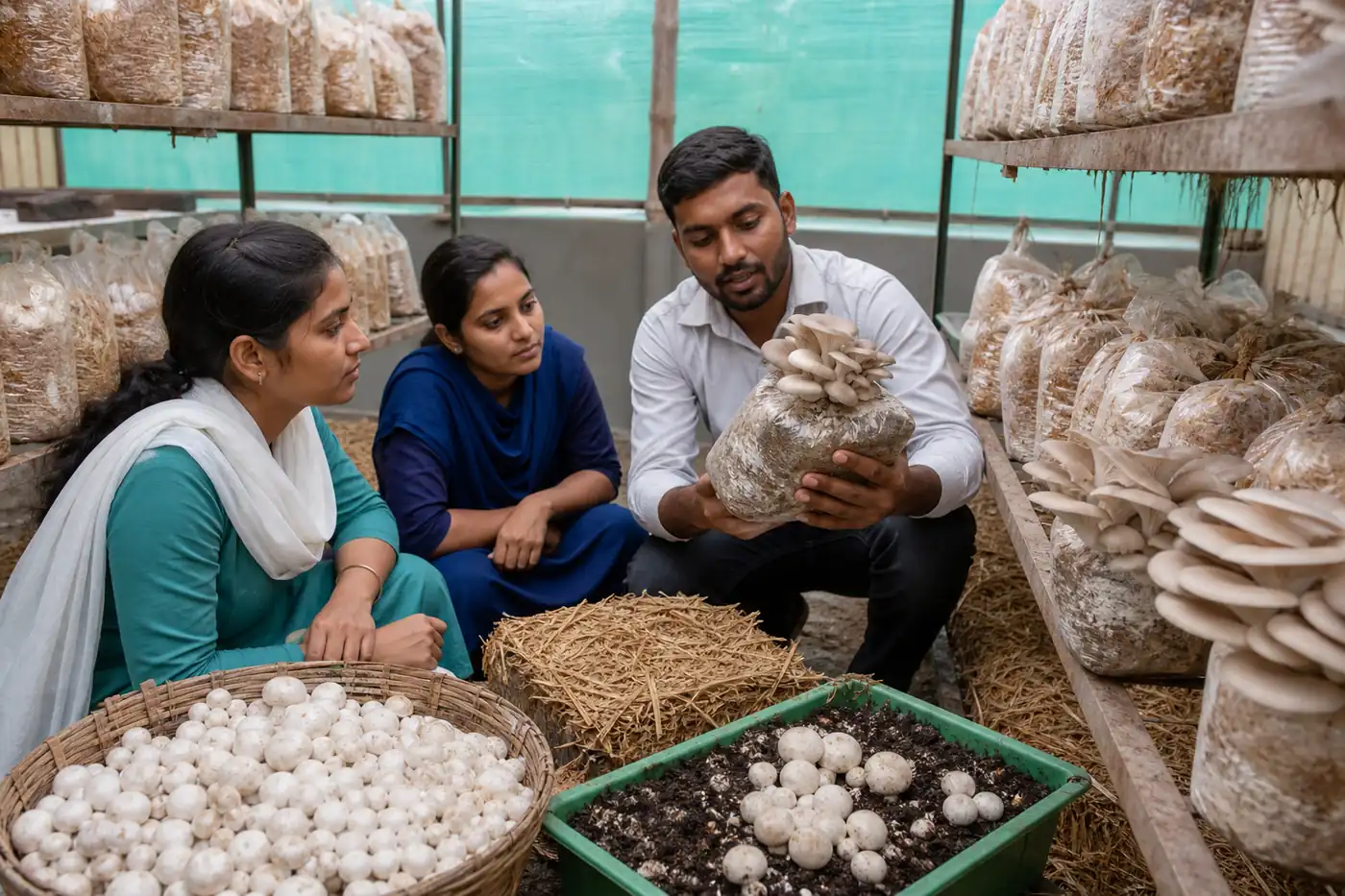 Mushroom cultivation training unit with grow bags and trays