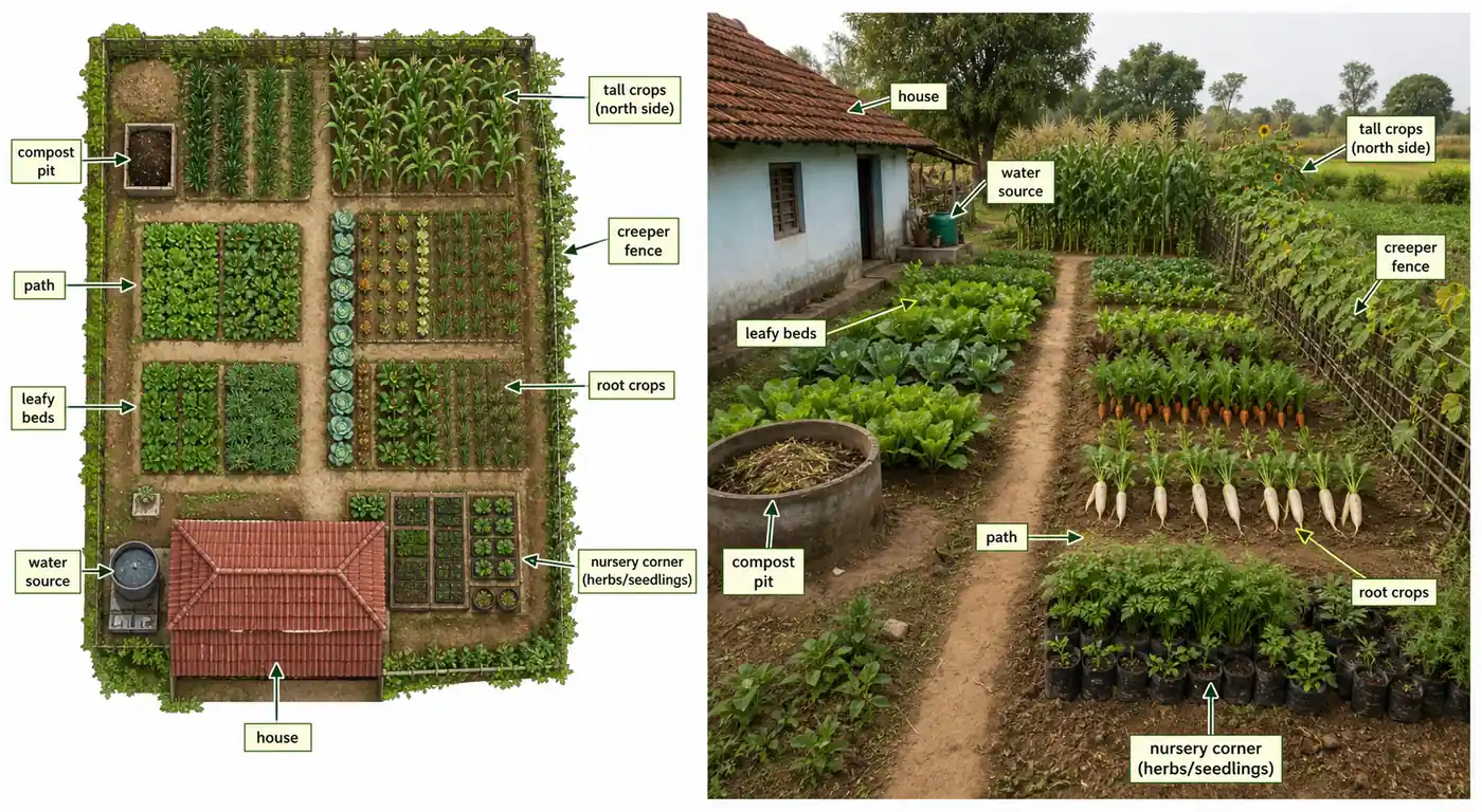 Kitchen garden layout concept board showing beds, borders, compost corner and plant placement