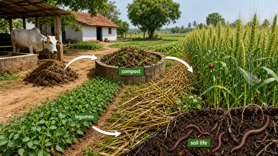 Organic farming closed-loop system with compost legumes crop residues and soil life