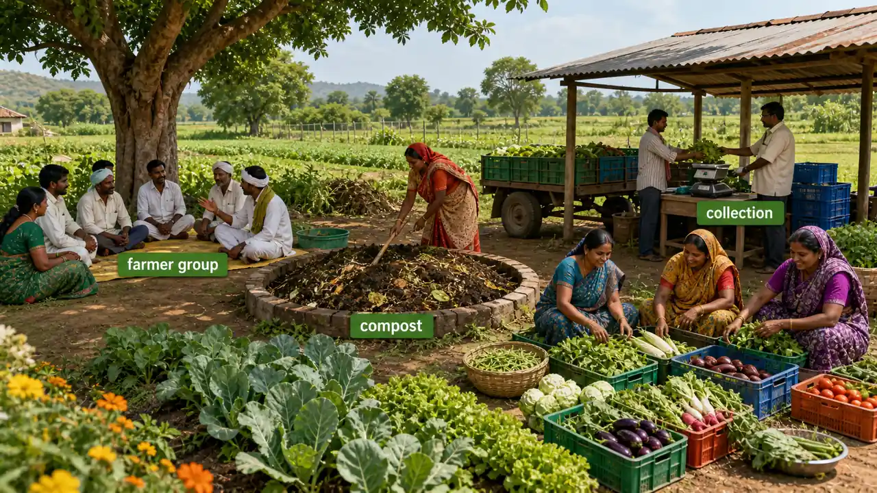 Organic farmer group composting sorting vegetables and collecting produce for market