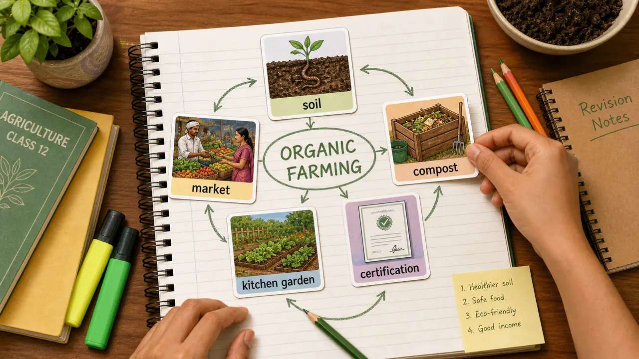 Organic farming revision map linking soil compost certification kitchen garden and market
