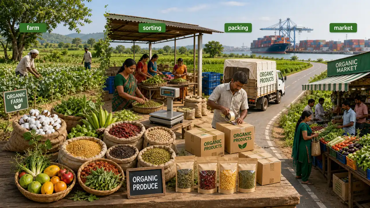 Organic products value chain from farm sorting packing transport and market