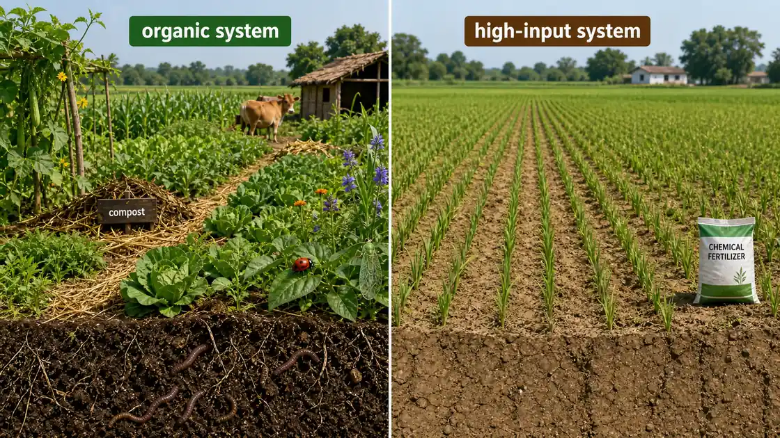 Comparison of organic farming system and high-input farming system for Class 12 agriculture