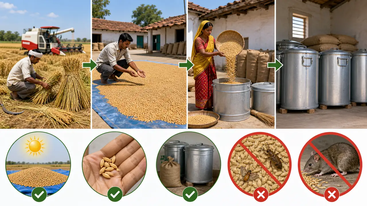 Cereal drying and safe grain storage showing sun drying, clean grain, metal bins and pest protection