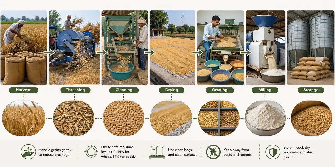 Cereal primary processing board showing cleaning, grading, milling and grain flow