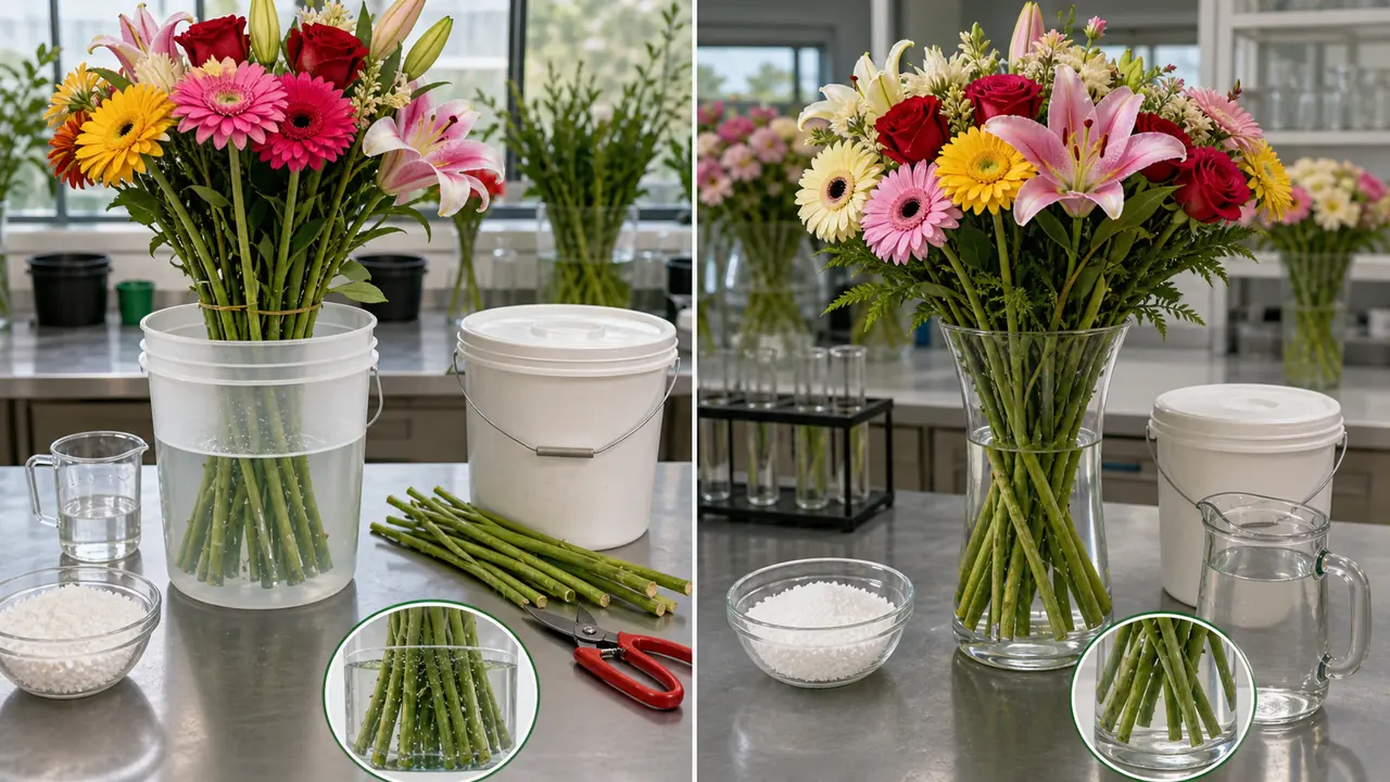 Flower harvest stage comparison showing too tight, correct and overmature cut flowers with vase outcomes