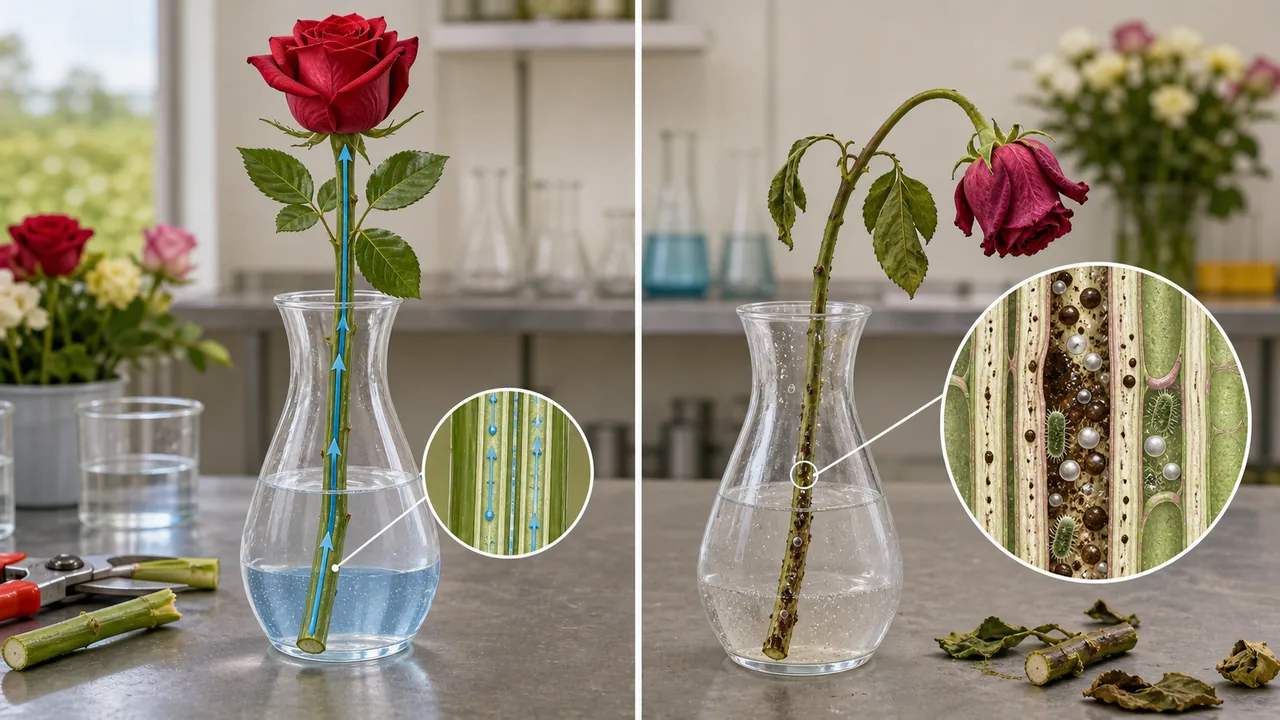 Cut flower water uptake comparison showing a fresh rose stem and a wilted stem with blocked xylem vessels