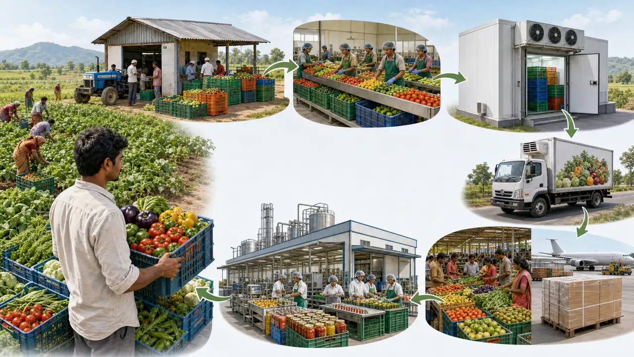 Post-harvest support chain linking farm collection, grading, cold storage, refrigerated transport, processing and market
