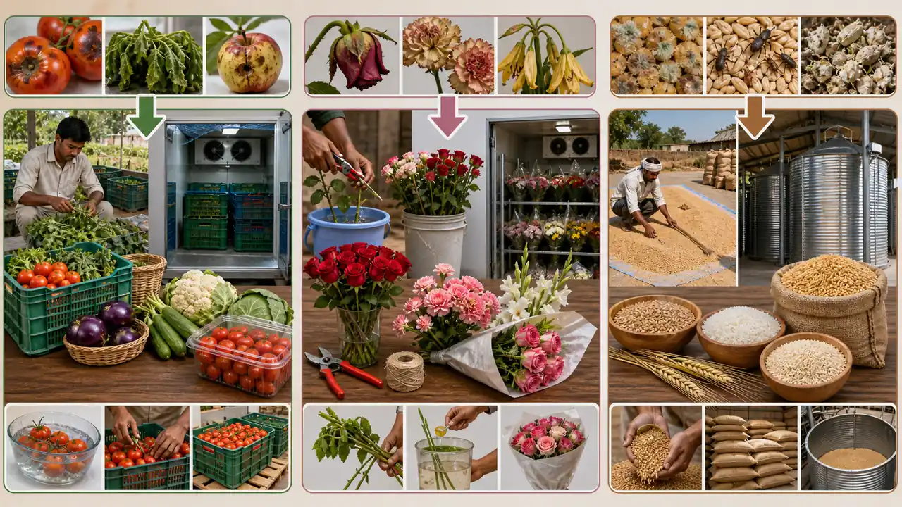 Post-harvest diagnosis practice showing wilted vegetables, bruised tomato, bent flower stem and moist grain with correct protection methods