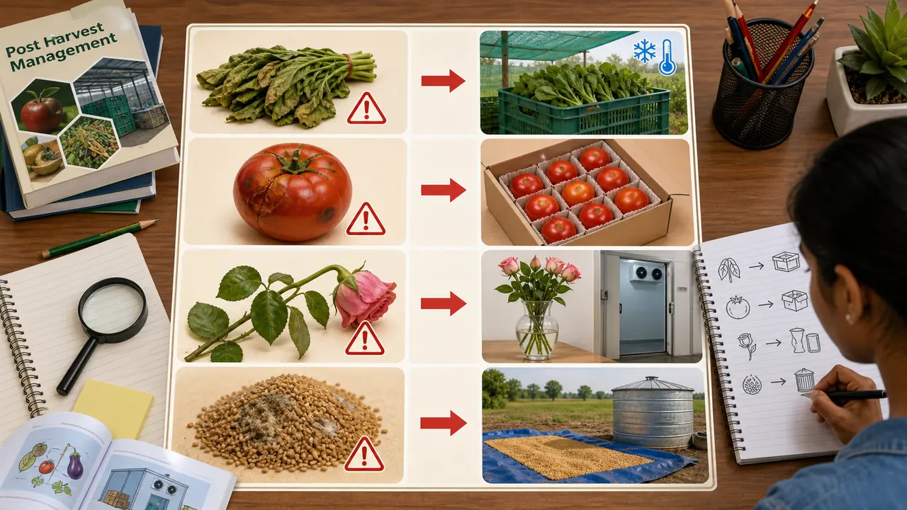 Unit 3 post-harvest revision map linking fruits, vegetables, flowers and cereals with their main protection methods
