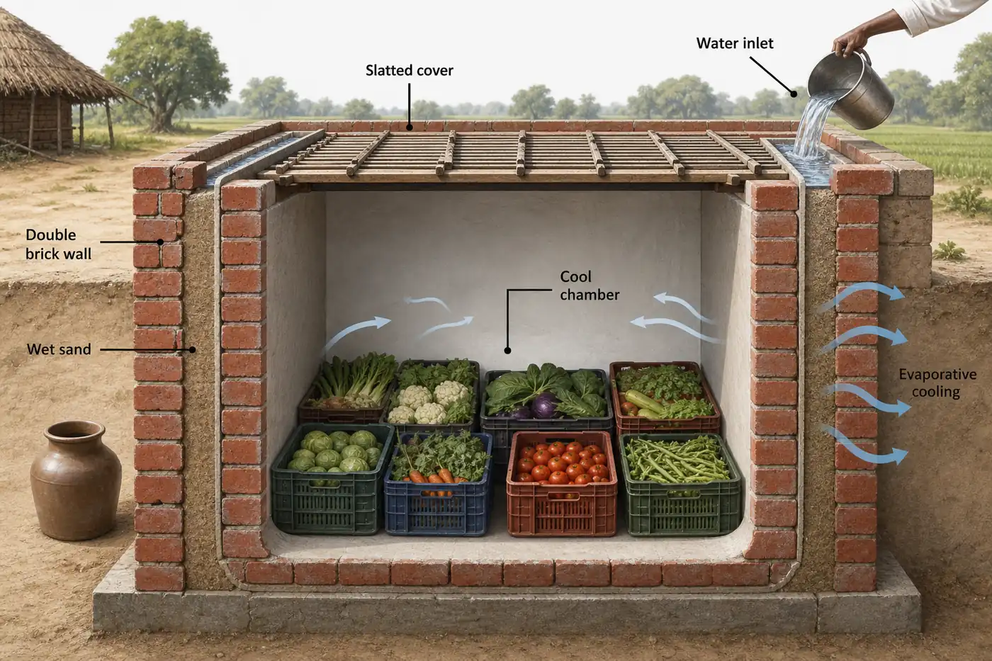 Zero energy cool chamber concept visual for low-cost evaporative vegetable storage