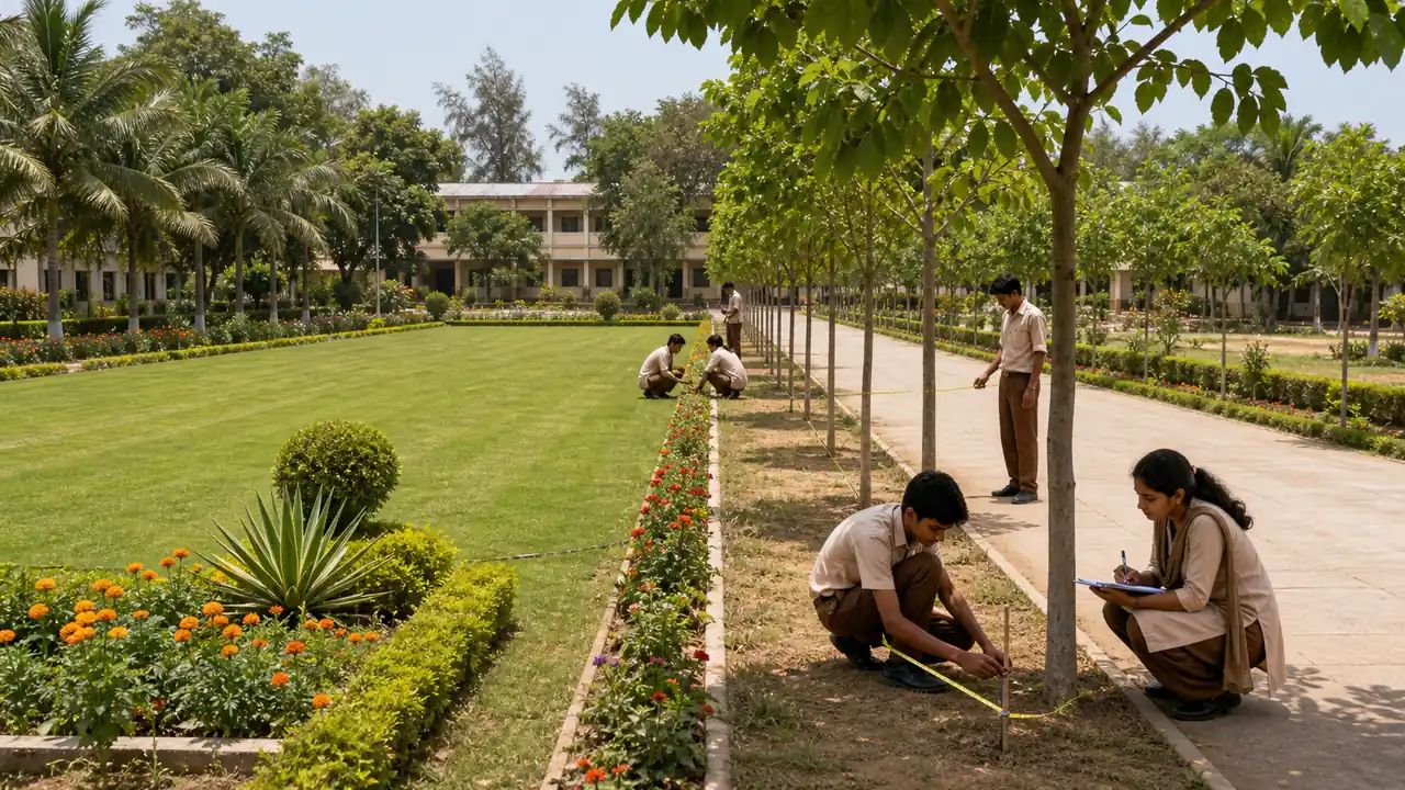 Avenue tree and lawn planning on an agriculture school campus landscape