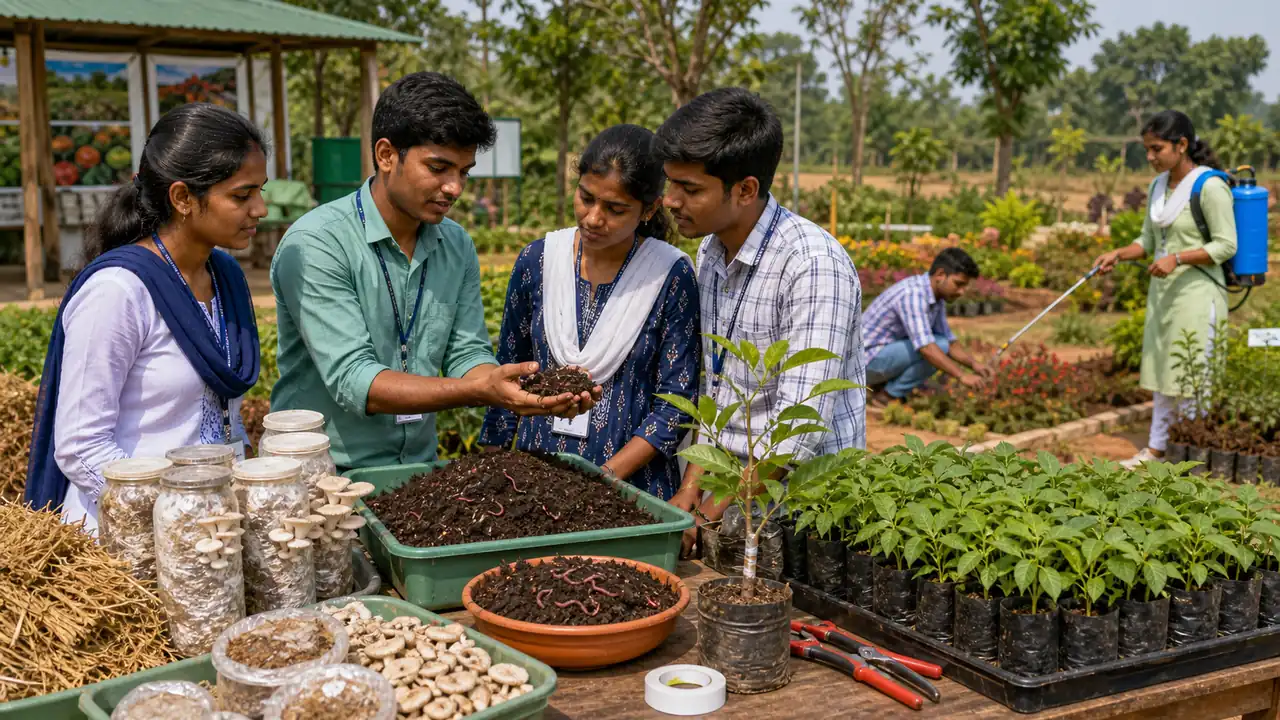 Students comparing mushroom vermicompost nursery and allied enterprise materials in agriculture training