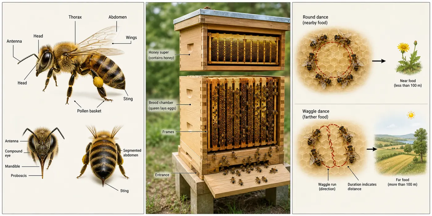 Apiculture concept board showing bee body parts, hive structure and communication dances