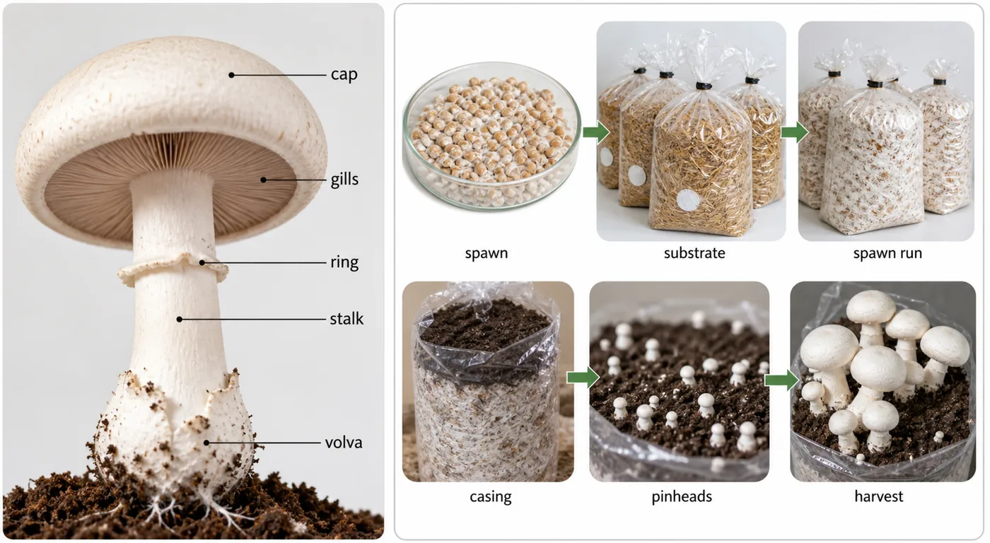 Mushroom morphology and cultivation process board showing cap parts, substrate, spawn and harvest flow