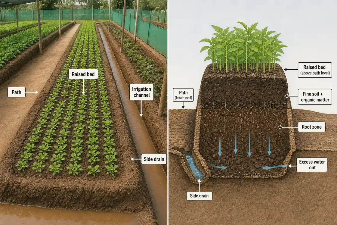Nursery raised bed and drainage concept board showing path level, soil height and water movement