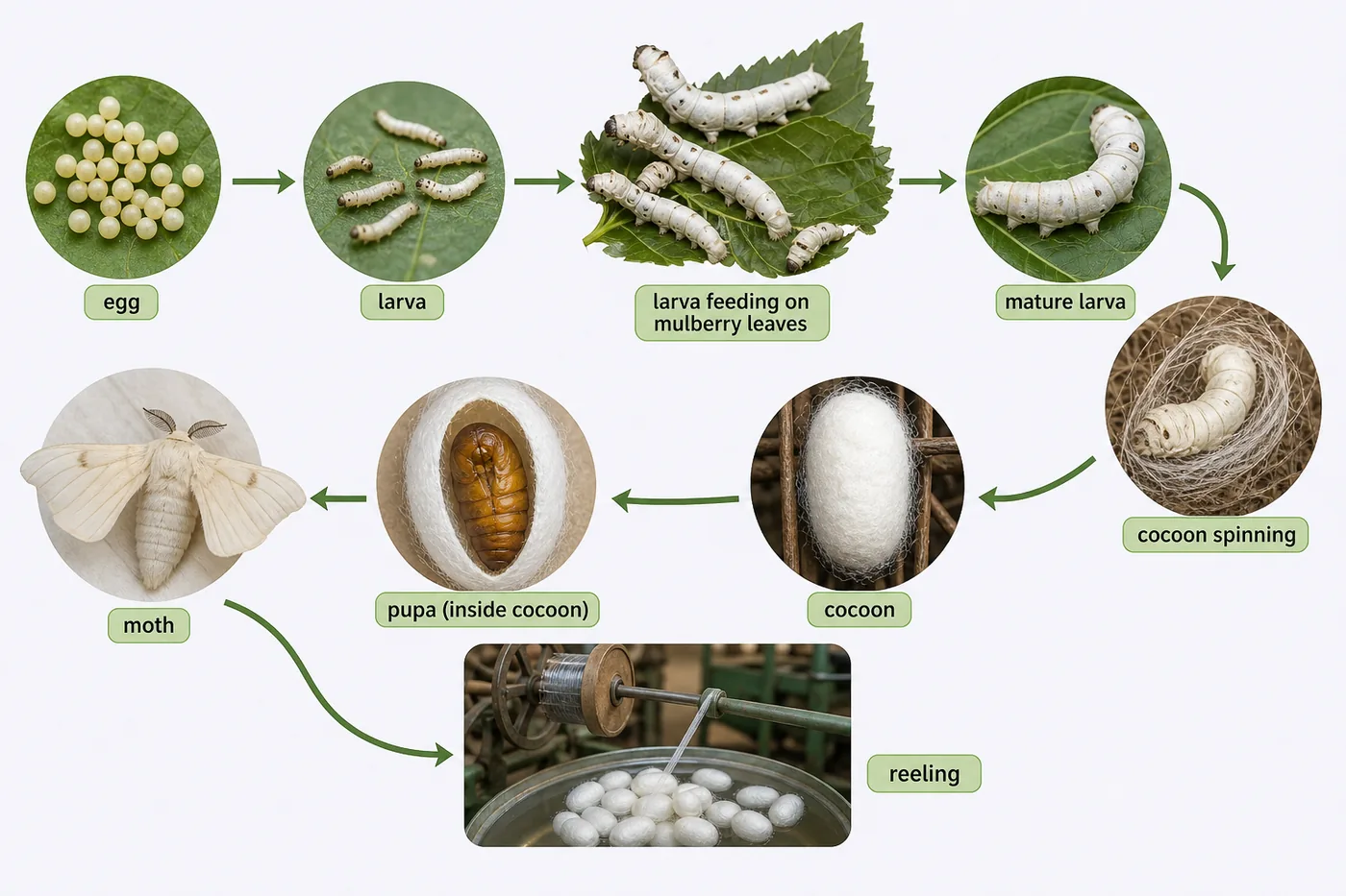 Sericulture life cycle concept board showing egg, larva, cocoon, pupa and moth stages