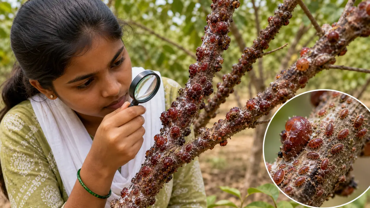 Lac culture host twig inspection showing resinous lac encrustation on branches
