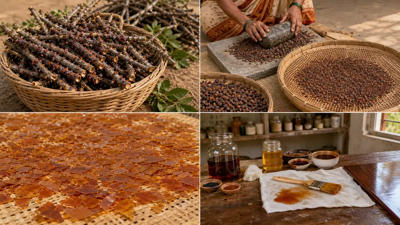 Lac processing sequence from stick lac to seed lac and shellac flakes