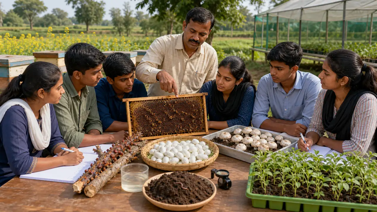Class 12 agriculture revision table with honey frame lac twig silk cocoon mushroom vermicompost and nursery seedlings