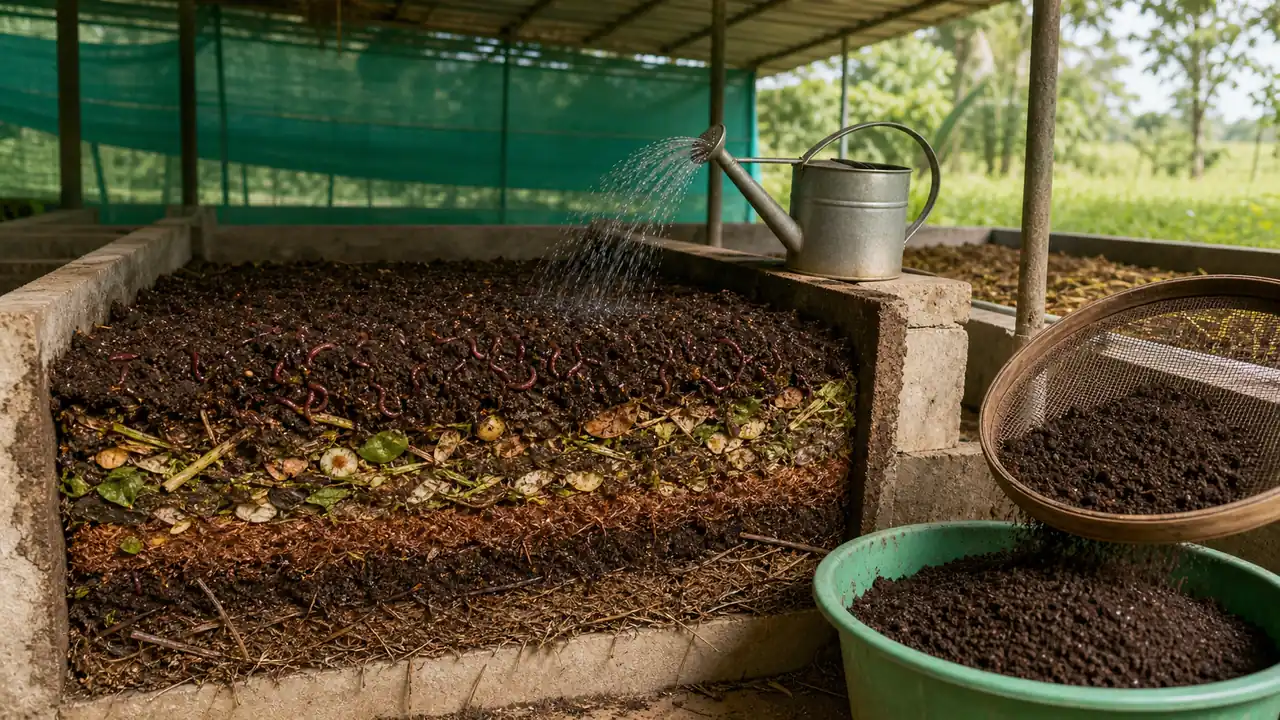 Layered vermicompost bed with earthworms organic waste and finished compost