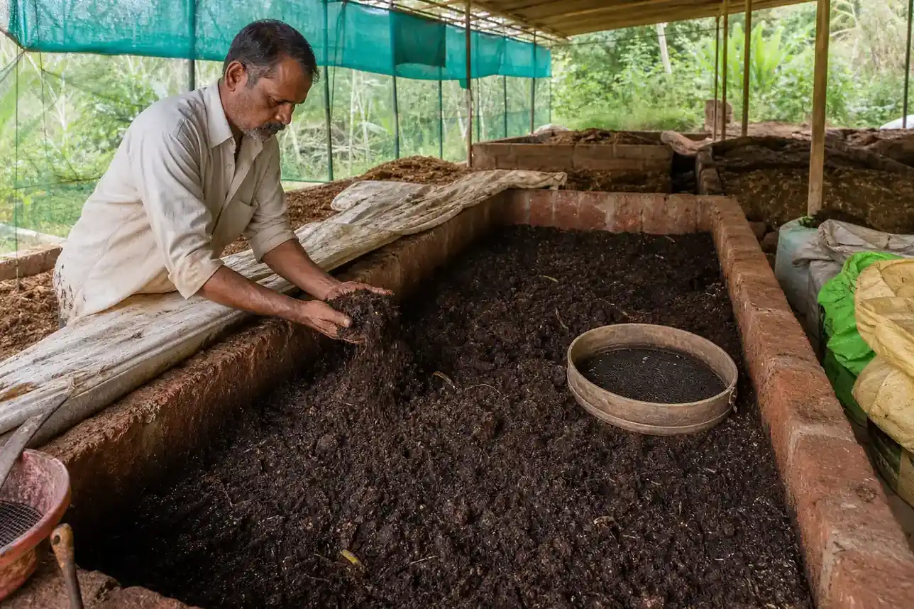 Vermicompost bed in a shaded farm unit