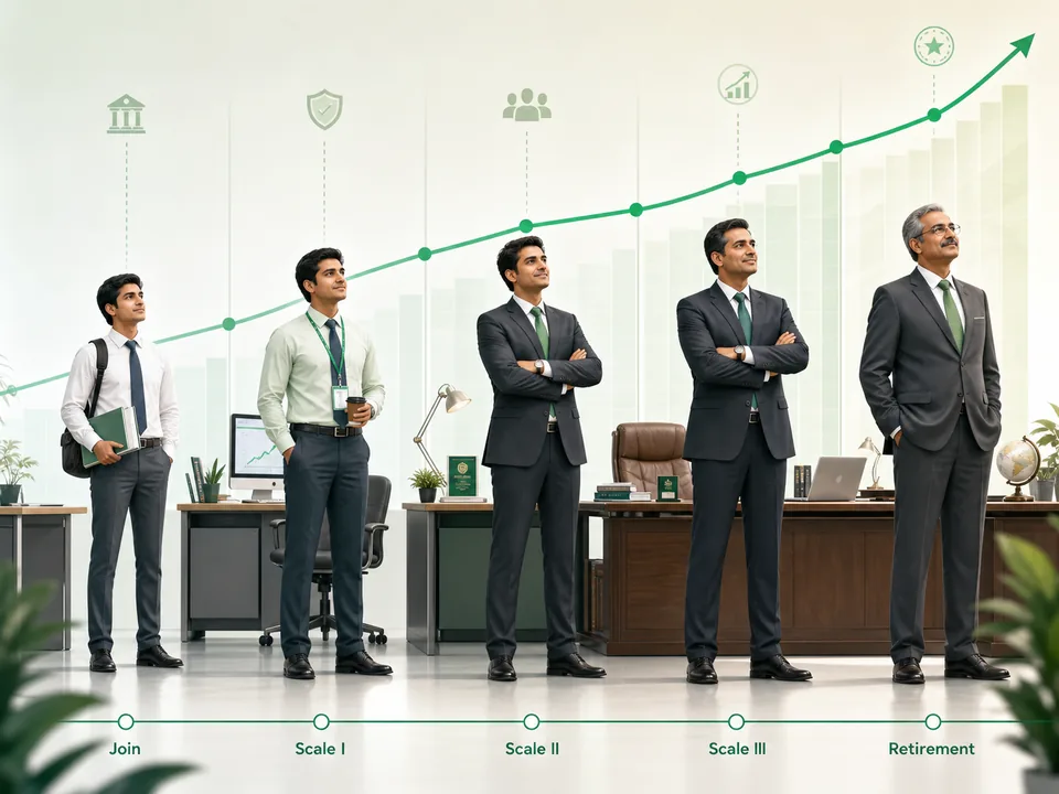 Bank officer reviewing an IBPS salary projection dashboard with DA, JAIIB, CAIIB, and Scale I to VII inputs